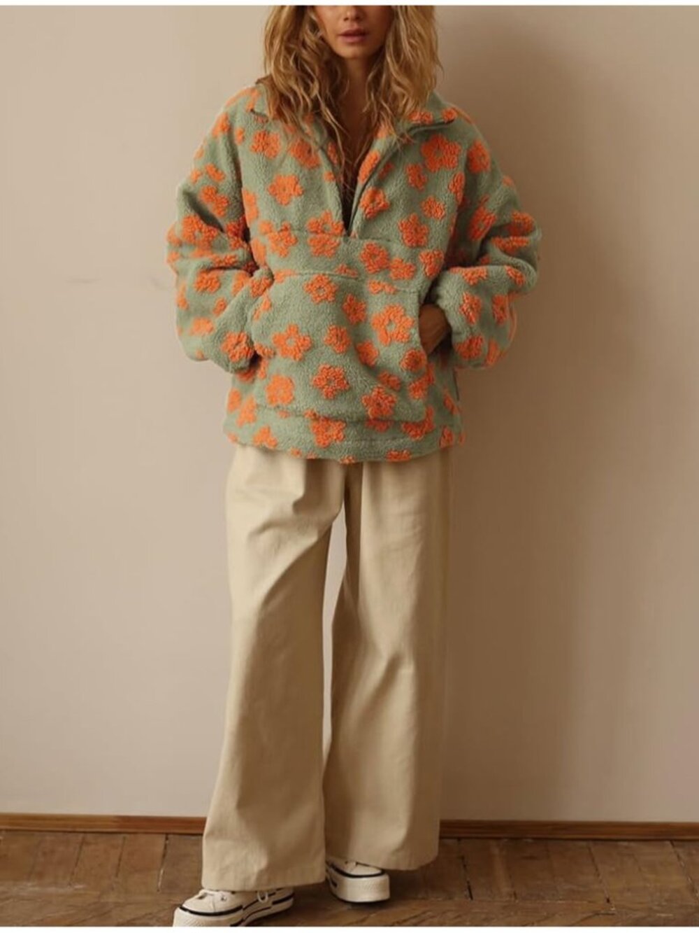 Womens Green Orange Floral Faux Fur Fleece Pullover Y2k Sherpa ZIP Winter Jacket - Picture 4 of 4